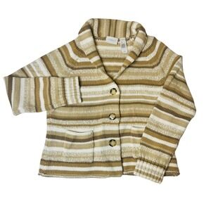 Liz Claiborne Striped Knit Cardigan Sweater Women L Beige Brown Button Front Y2K